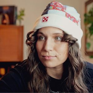 Handmade Upcycled Quilt Beanie Fleece Winter Hat with checkered patch